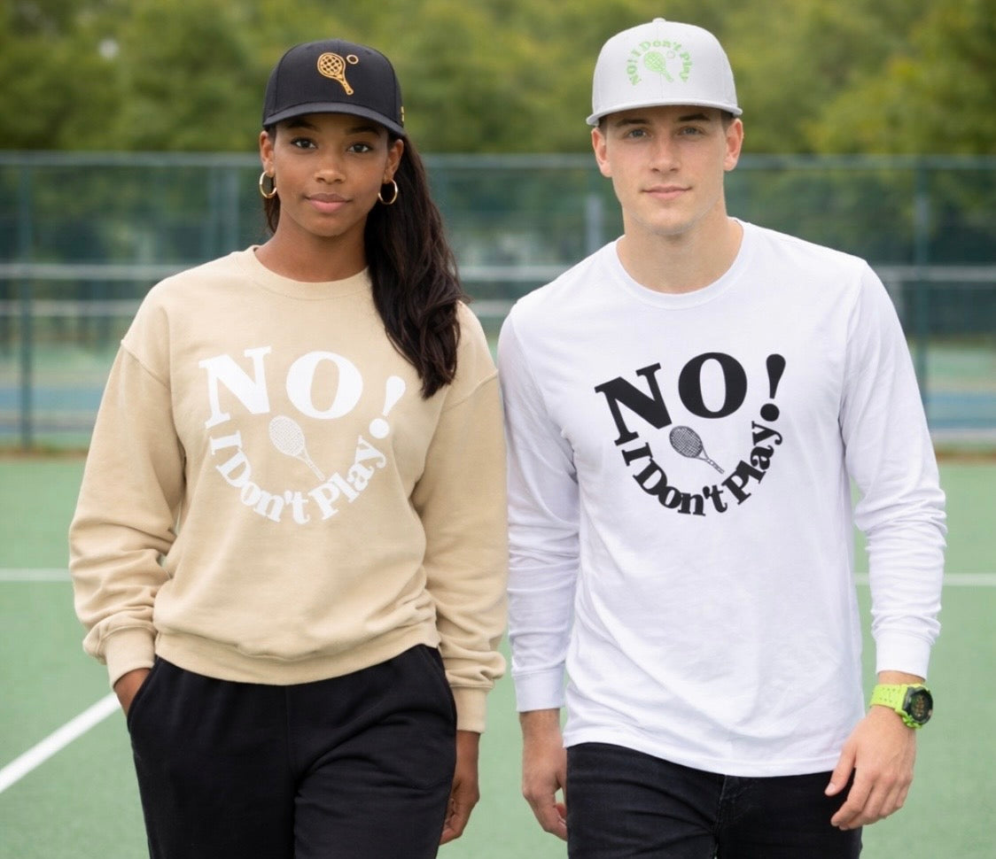 NO! I Don't Play.. Tennis: Snapback Hats (Adjustable Black & White Caps w/ Various Thread Colors)
