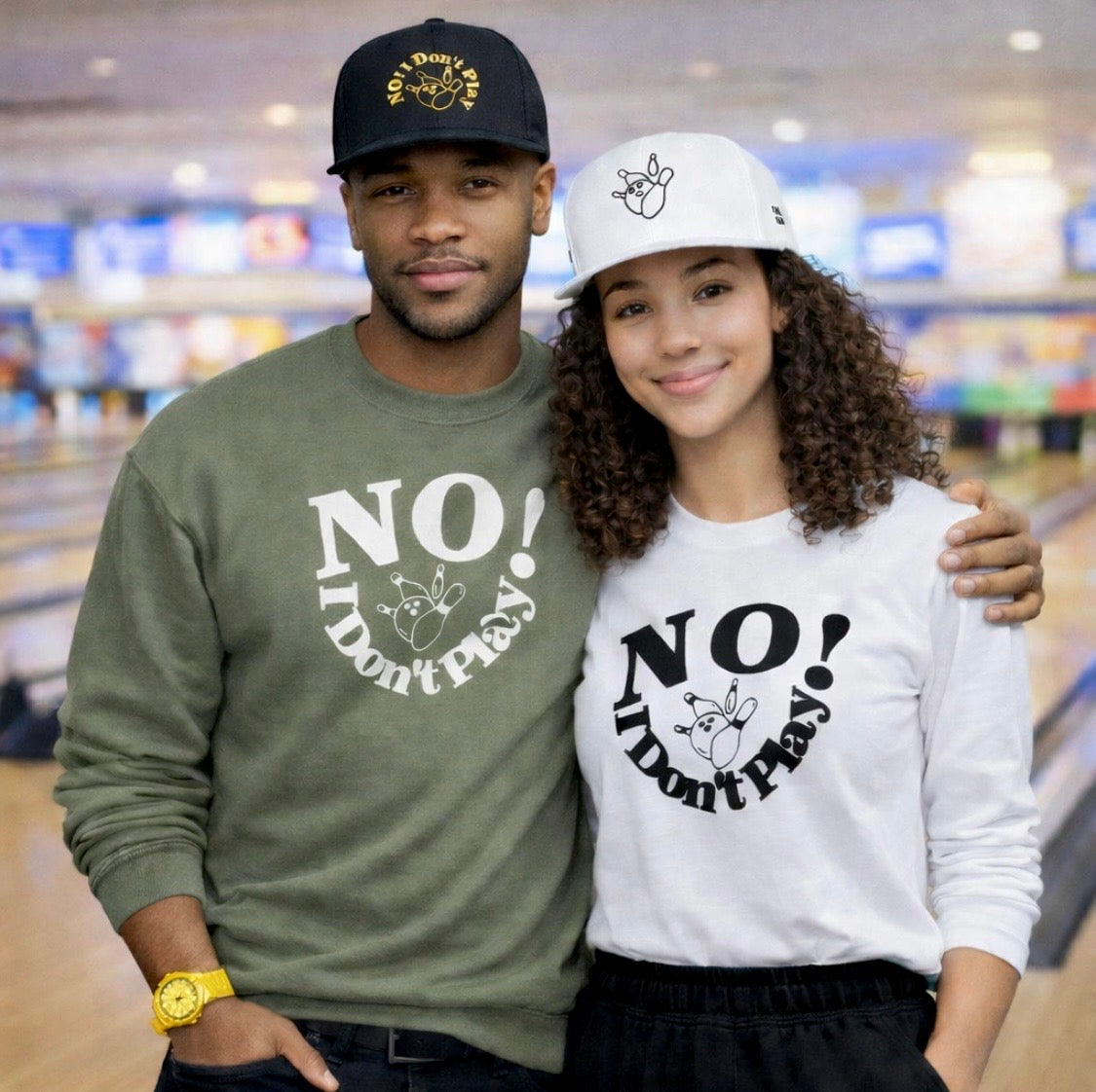 NO! I Don't Play.. Bowling: Snapback Hats (Adjustable Black & White Caps w/ Various Thread Colors)
