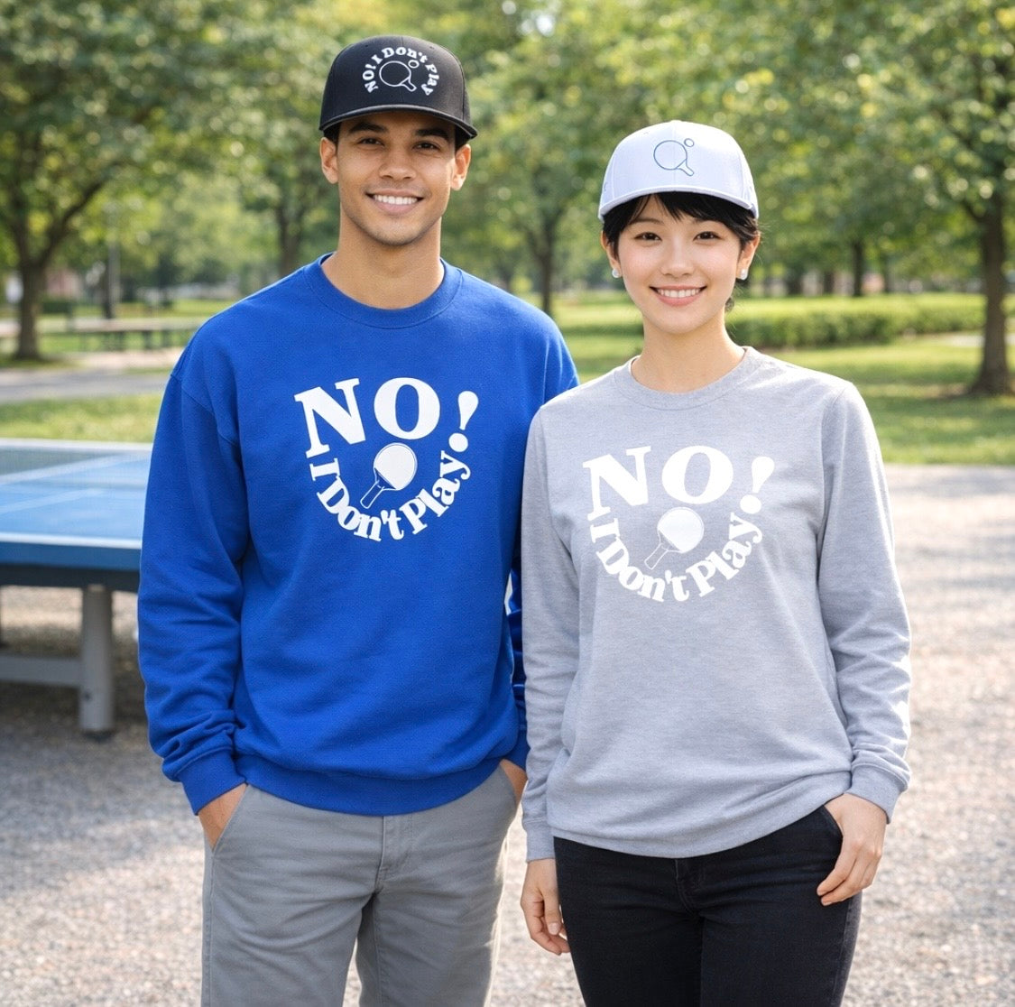 NO! I Don't Play.. Table Tennis: Snapback Hats (Adjustable Black & White Caps w/ Various Thread Colors)